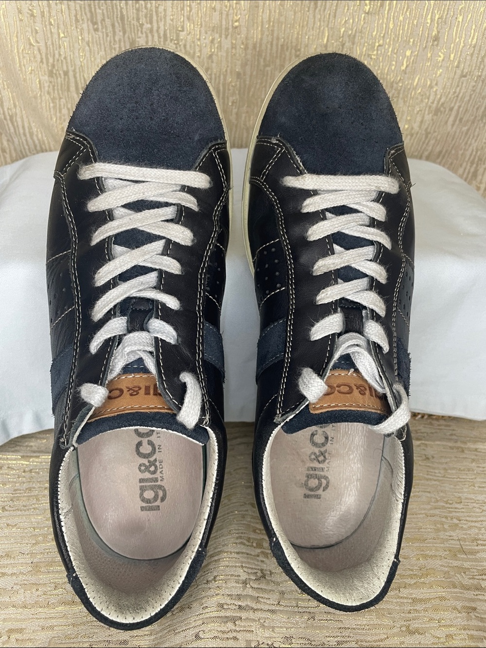 Igi & co. Men's Black Leather Navy Suede-Trim Lace-Up Sneakers Sz 41 Nice